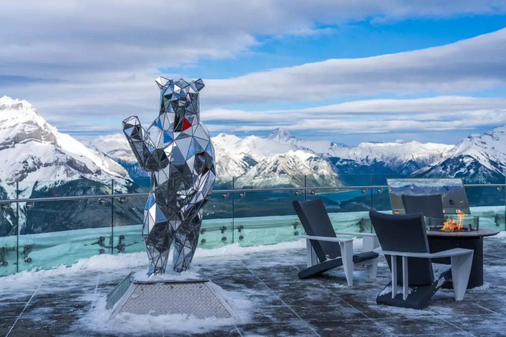The glass polar bear on the rooftop observation deck at the summit of Sulphur Mountain in Banff
