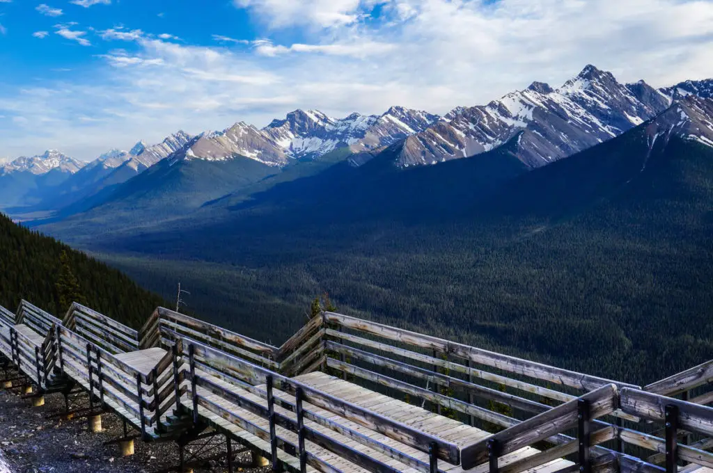 The wooden boardwalk on top of Sulphur Mountain in Banff with panoramic view of the Rockies
