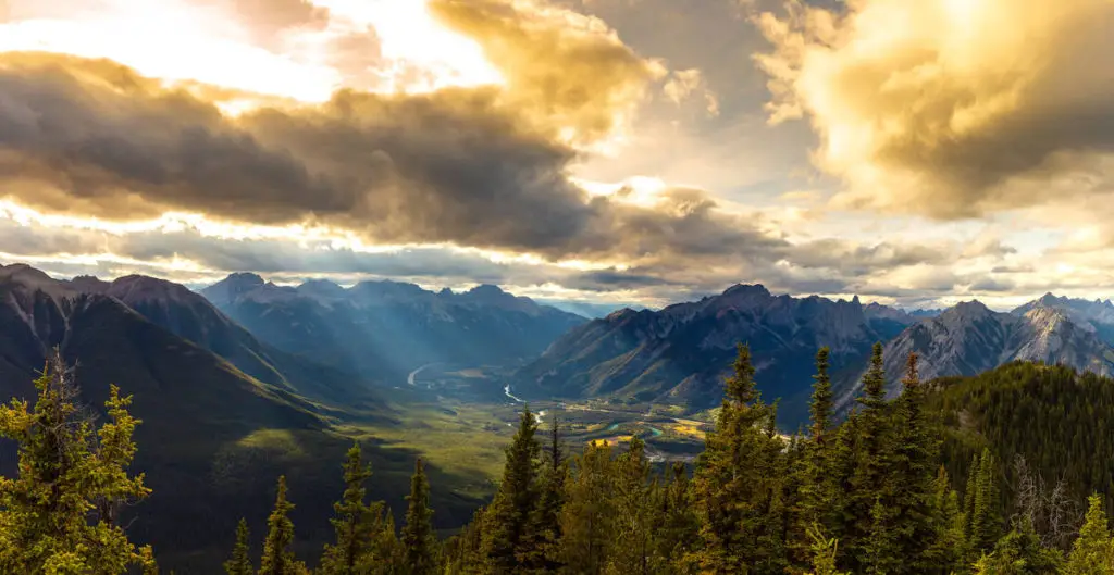 Aerial view of the Bow Valley in Banff National Park at sunset.