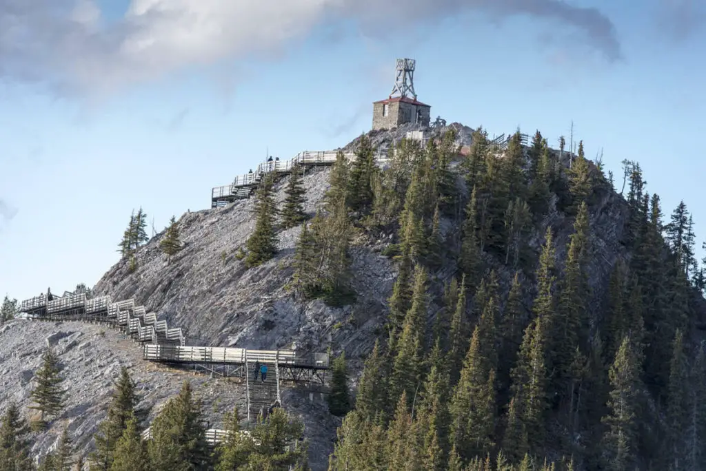 The Cosmic Ray Station sticks out against the sky at the summit of Sulphur Mountain in Banff